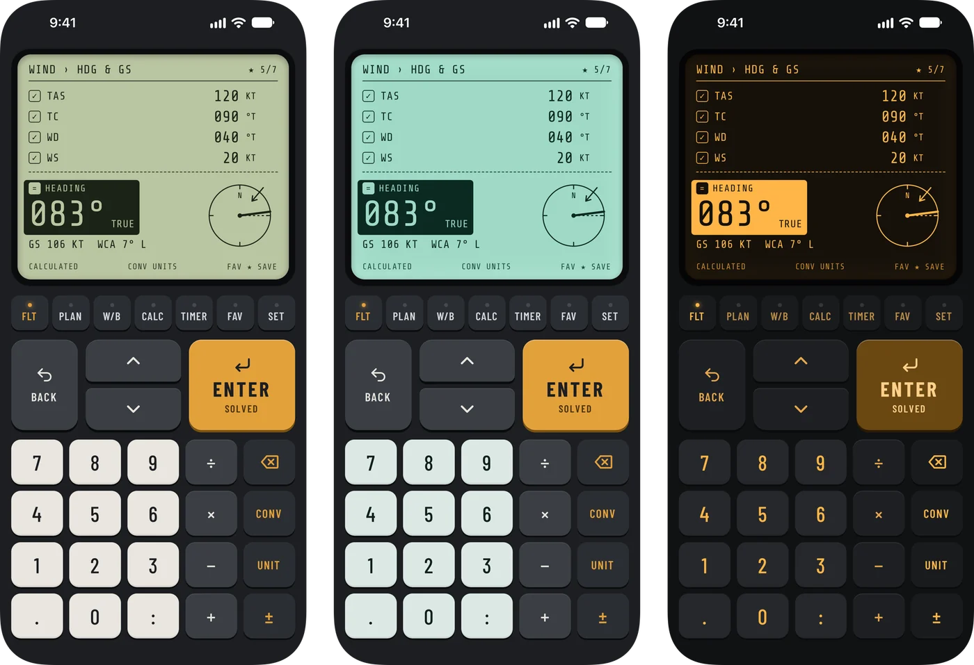 The same heading and ground speed screen in the DAY, BACKLIT and NIGHT backlights, side by side.