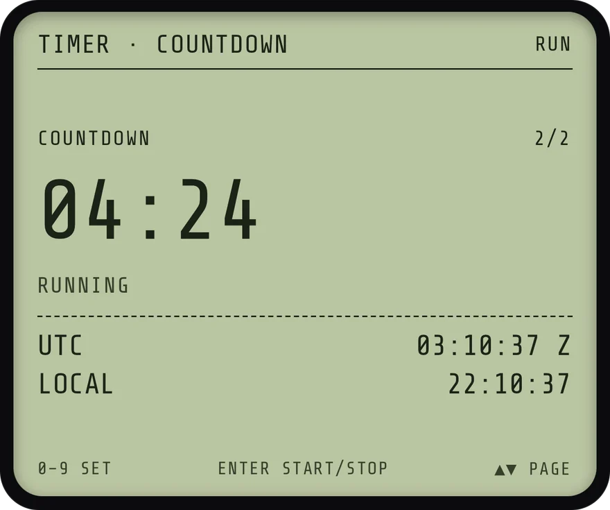 The TIMER screen running a countdown at 4 minutes 24 seconds, with UTC and local clocks below.