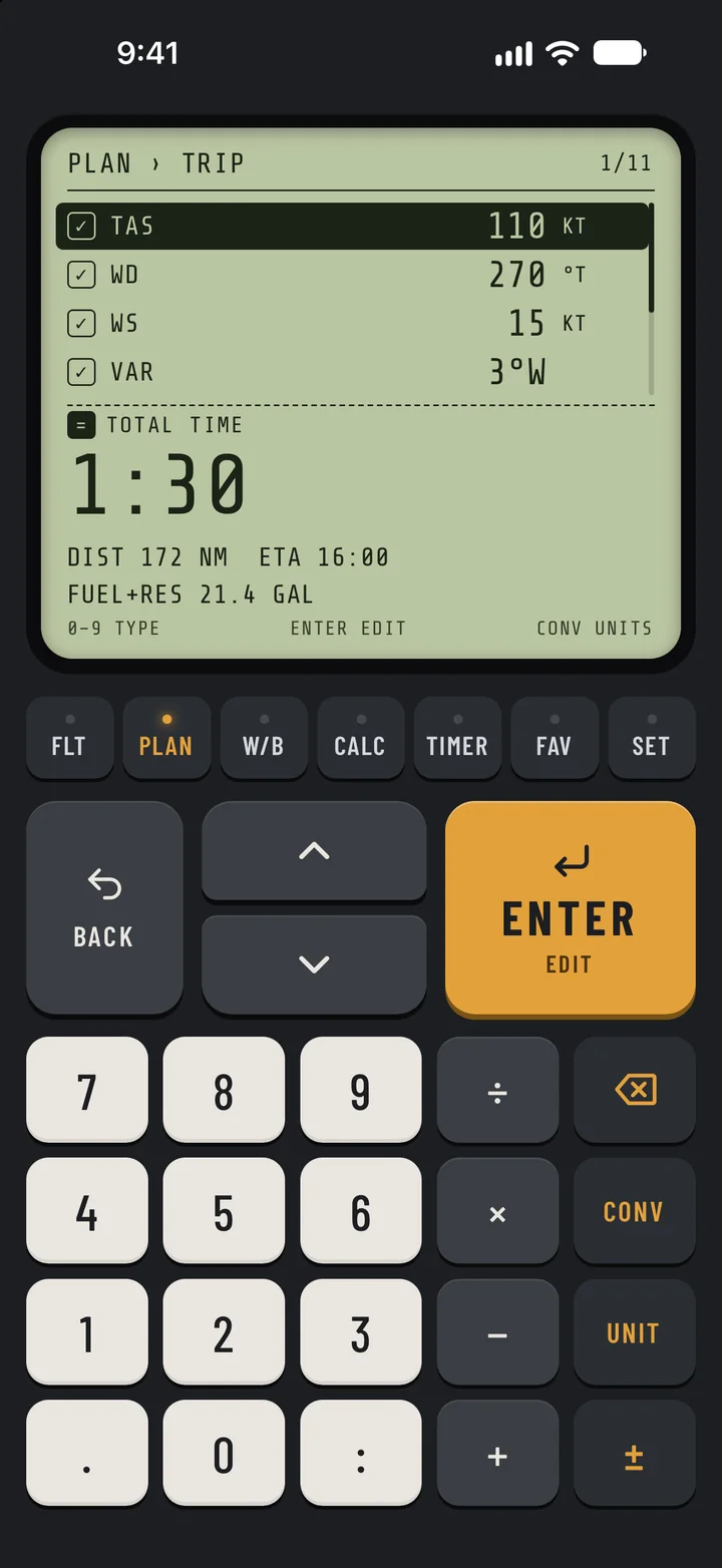 The PLAN trip screen: TAS 110 knots, wind 270 at 15, variation 3 degrees west, with a total time of 1:30, 172 nautical miles, ETA 16:00 and 21.4 gallons including reserve.