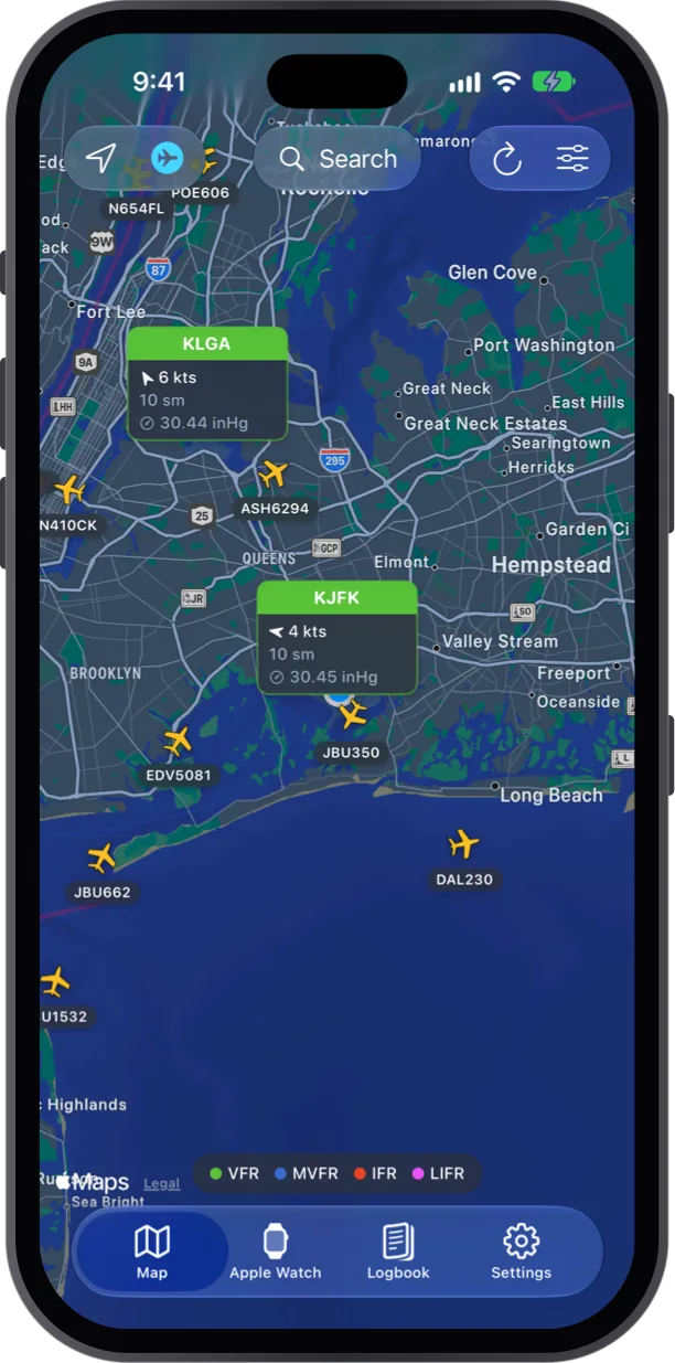 METAR Pilot map around New York with color-coded weather tags on KJFK and KLGA and live aircraft callsigns