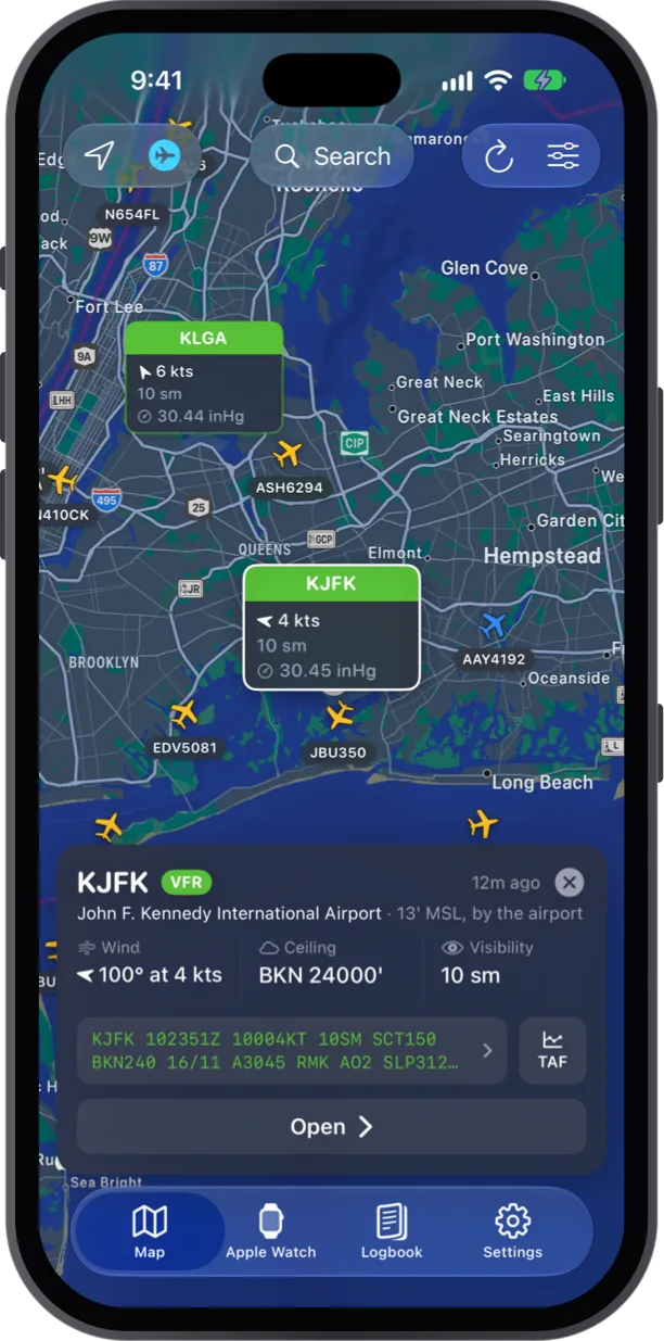 KJFK airport card on the map showing VFR conditions, wind, ceiling, visibility and the raw METAR