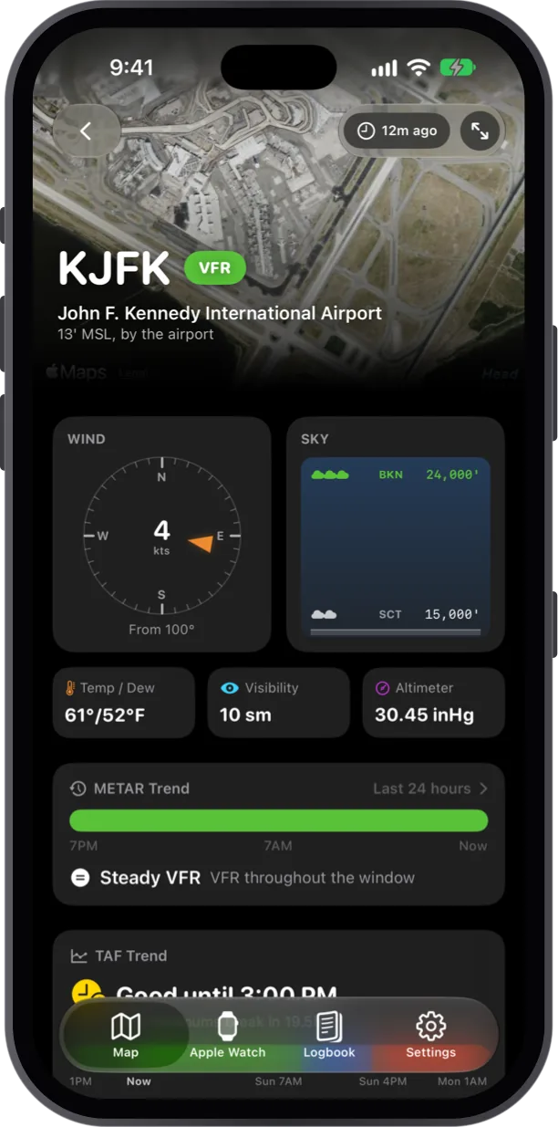 KJFK airport screen with a wind compass, cloud layers, temperature, visibility, altimeter and METAR and TAF trends