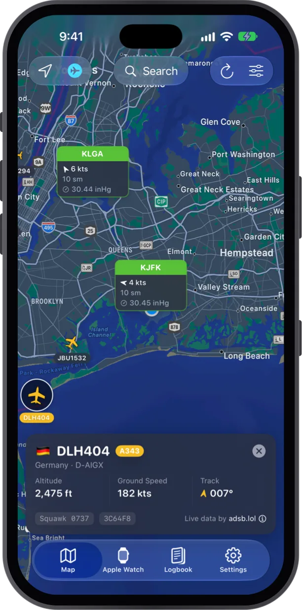 Aircraft card for flight DLH404 showing its type, registration, altitude, ground speed, track and squawk